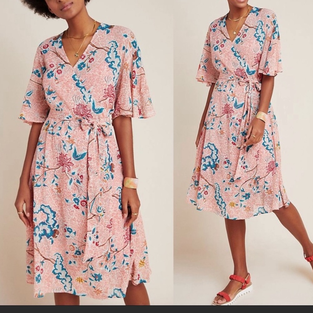 Anthro Maeve Adelaide sheer floral wrap dress
